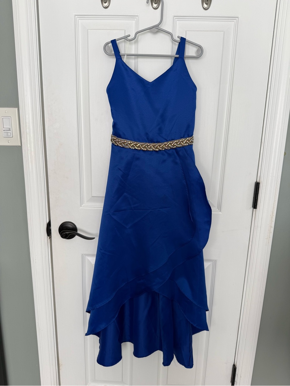 Rare Editions Royal Blue High-Low Spaghetti Strap Dress with Beaded Waistband